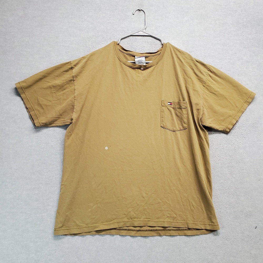 Tommy Hilfiger Men Shirt XL Beige Logo Pocket Made In USA Crew Neck Tee READ